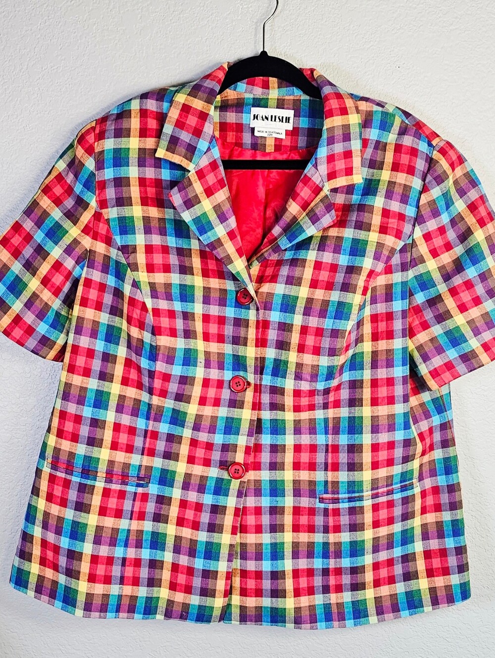 Vintage Joan Leslie 20W Rainbow Plaid Linen Blend Short Sleeve Blazer
